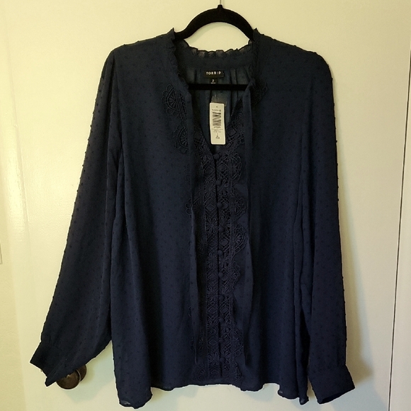 NWT Torrid Blue Chiffon Clip Dot Ruffle Neck Tie Front Top - Picture 2 of 11